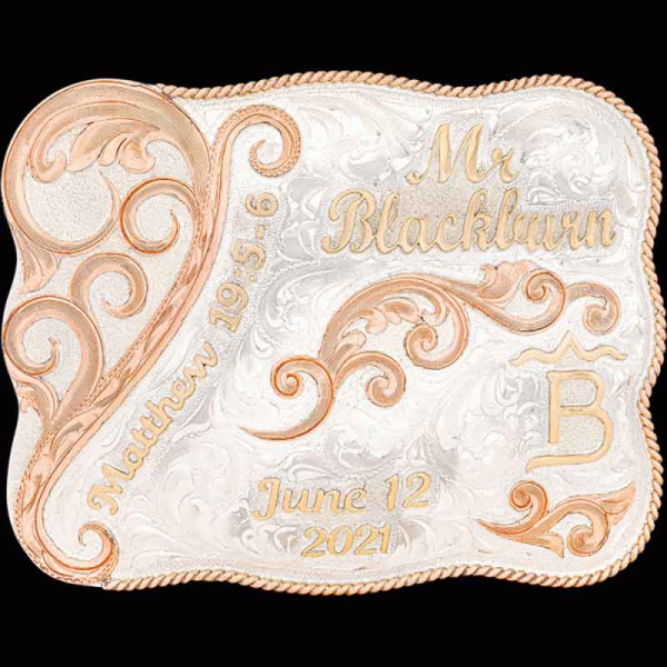 The Heartland Custom Belt Buckle is the perfect wedding buckle that pairs with the Braveheart Buckle. Celebrate tradition, present and future with this customizable buckle!